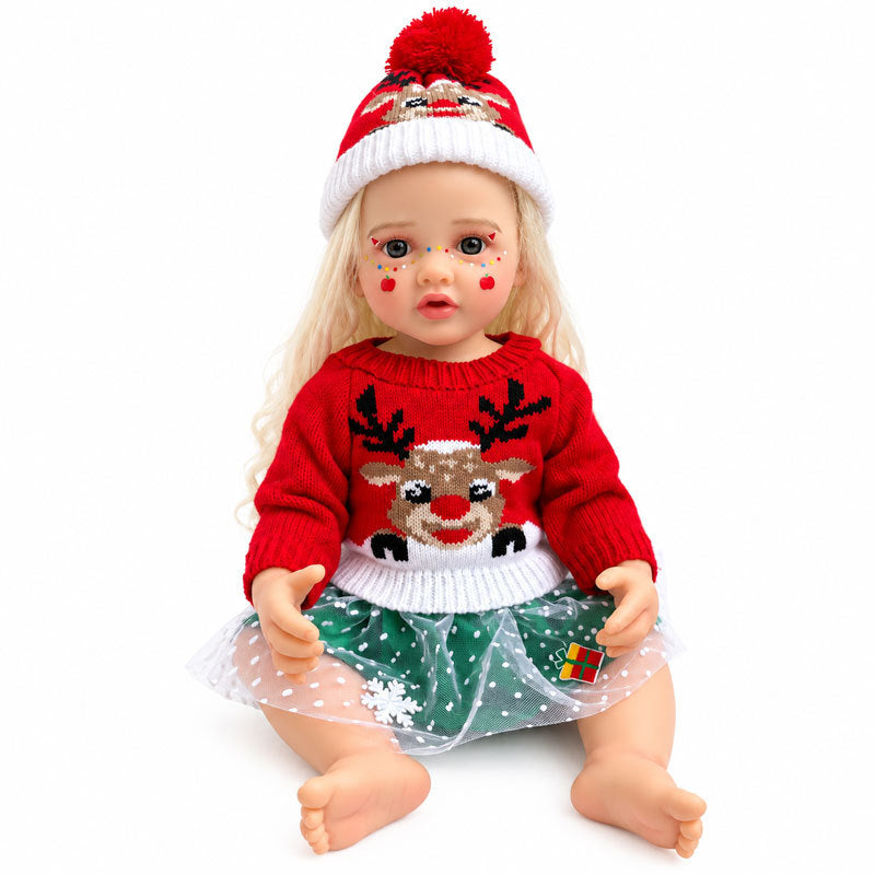 22 inch Christmas simulation reborn doll vinyl girl with curly hair and blue eyes, dress-up gift box, children's Christmas gift