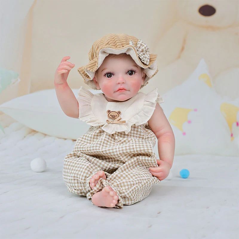 12-Inch/30cm Full Vinyl Reborn Doll with Light Brown Woven Bucket Hat - Reborn Doll Australia