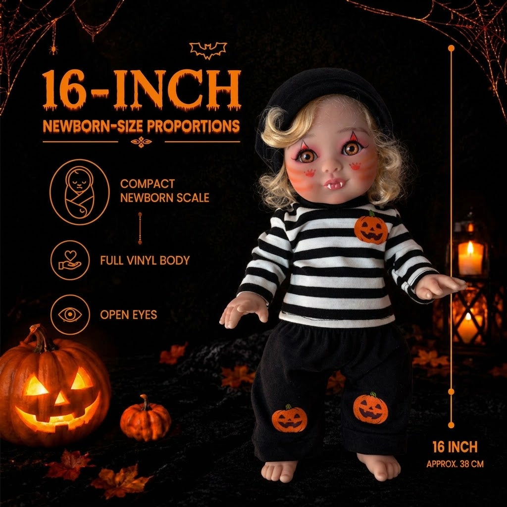 16 Inch Halloween Elf Reborn Doll with Full Vinyl Body Open Eyes Blonde Curly Hair Holiday Costume Collectible Gift