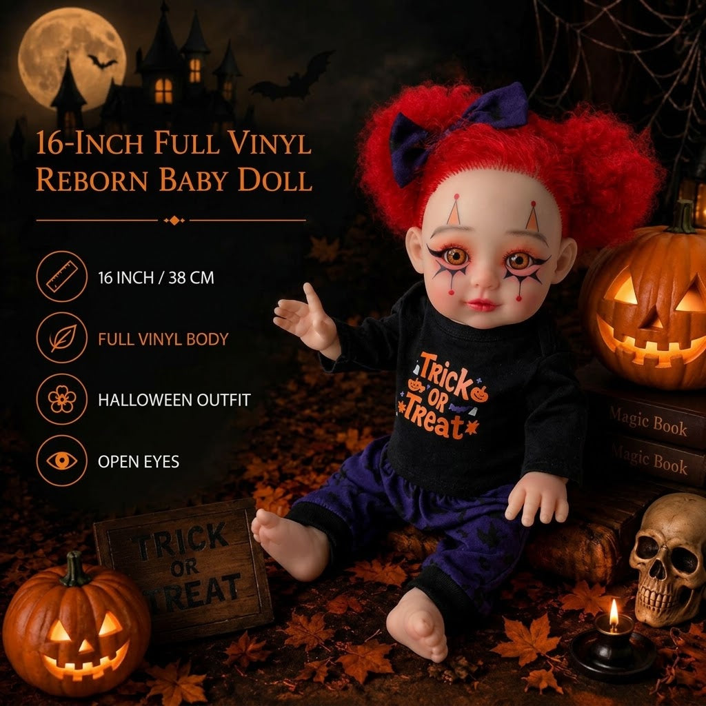 16 Inch Halloween Reborn Doll Red Curly Hair Orange Eyes Clown Makeup Full Vinyl Body Toy for Seasonal Gifts Party Props