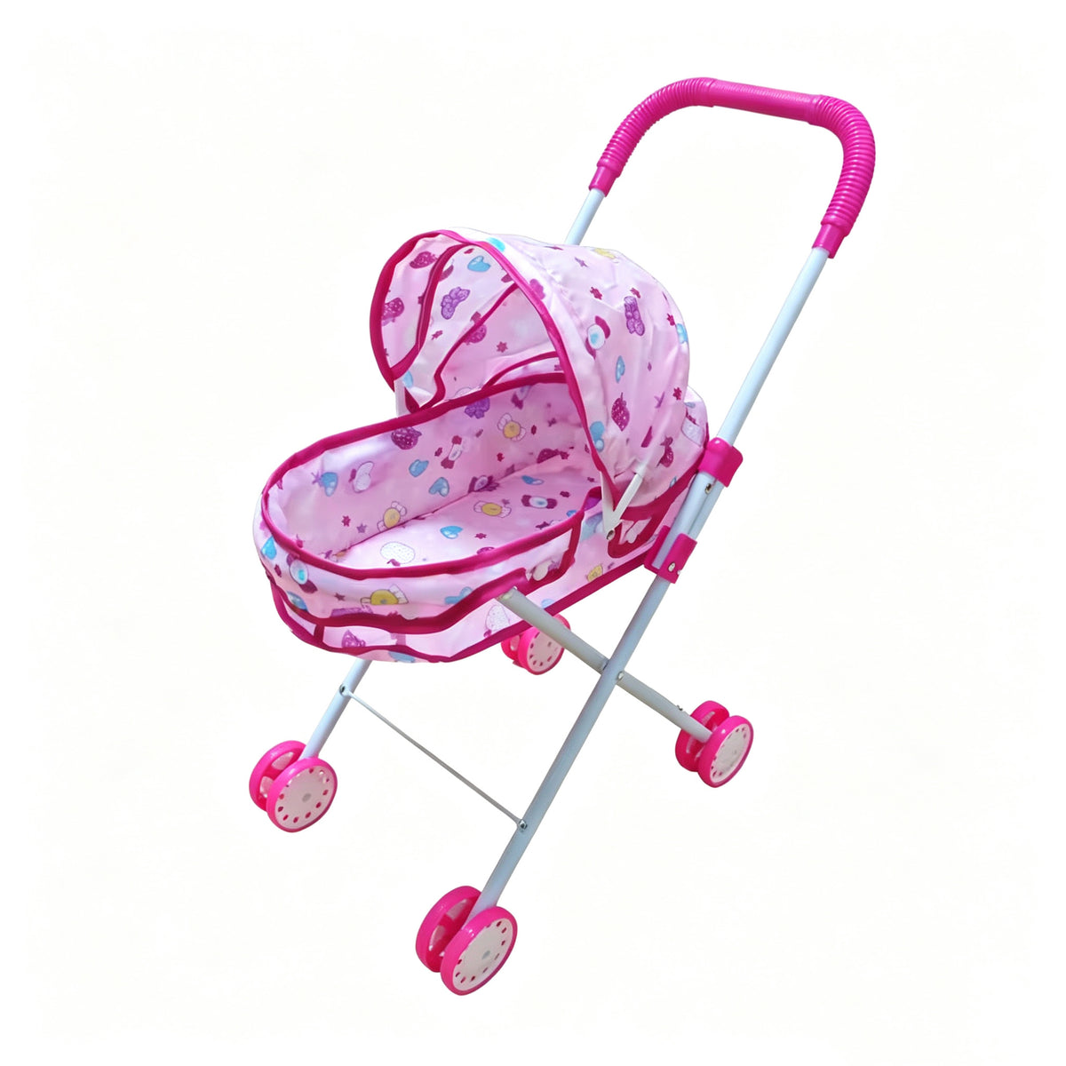 Realistic 4-Wheel Doll Stroller, Adjustable Handle & Canopy Doll Buggy, Safe Toy Stroller for 3+ Years Old Girls