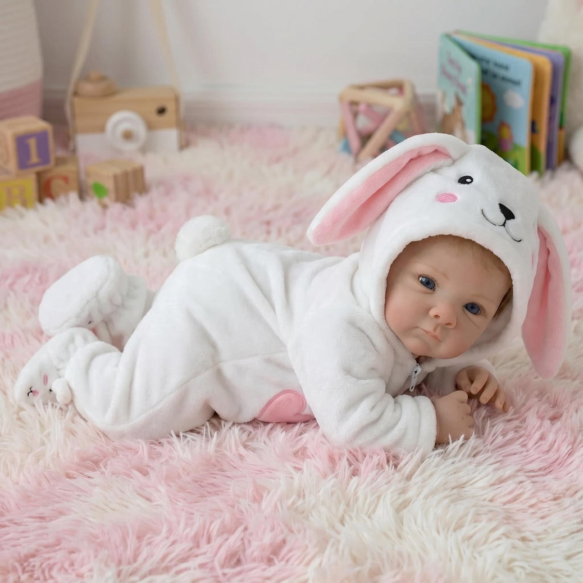Baby Dolls 18 Inch 45cm, Realistic Newborn Doll with Soft Cloth Body & Cute Smile White Conjoined Rabbit Set Reborn Dolls for Kids Ages 3+