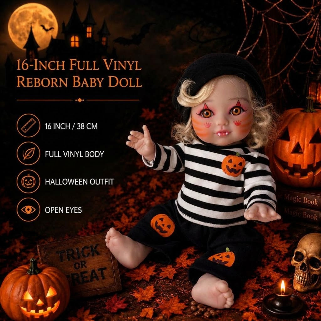 16 Inch Halloween Elf Reborn Doll with Full Vinyl Body Open Eyes Blonde Curly Hair Holiday Costume Collectible Gift