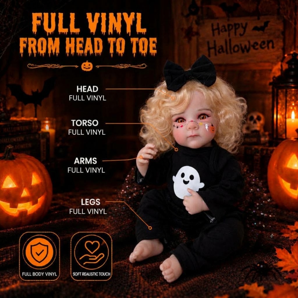 20 inch Halloween simulation Full vinyl Body Reborn Doll with golden curly hair, ghost print, black bow, gift box toy