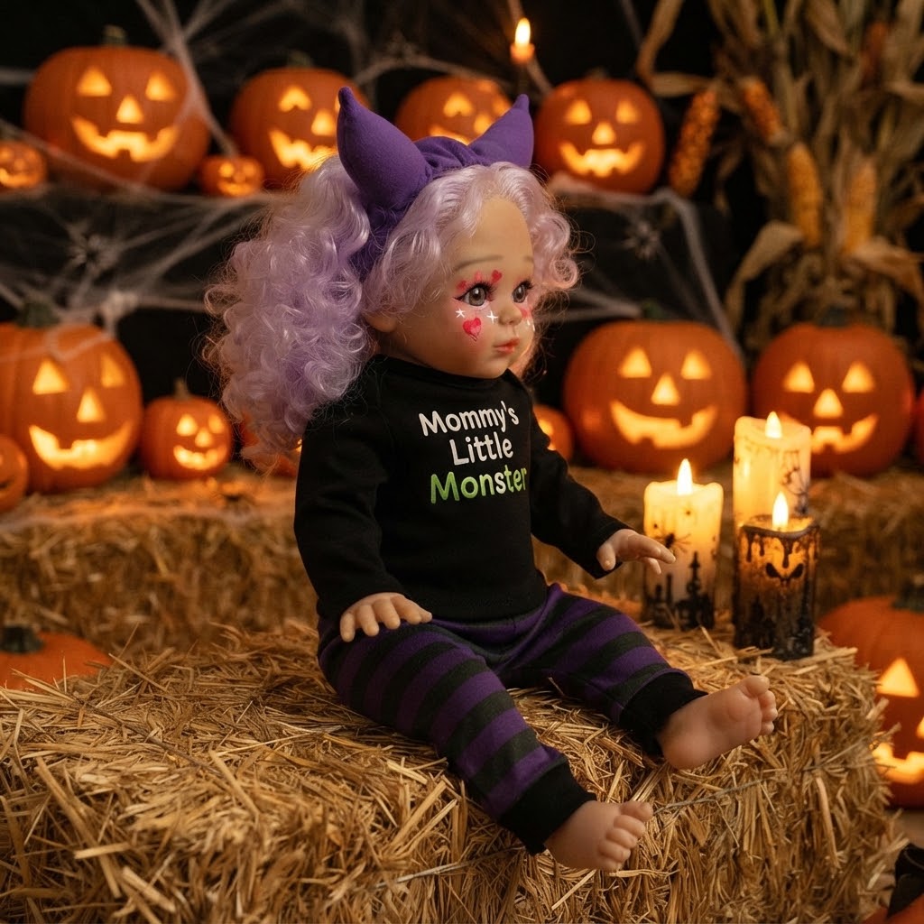 16 inch Halloween simulation reborn doll light purple curly hair love makeup devil horn hairband purple and black striped pants