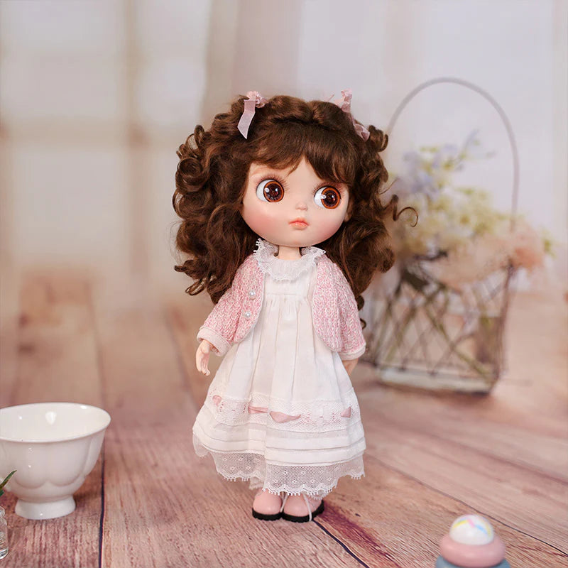 12-inch/30cm Big Eyes Porcelain Doll With White Dress and Pink Coat - Reborn Doll Australia