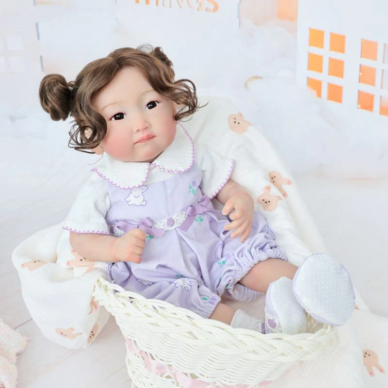 22-Inch/55cm Full-Body Vinyl Simulation Doll | Hand-Painted Makeup & Articulated Joints | Light Purple Cartoon Overalls Set - Reborn Doll Australia