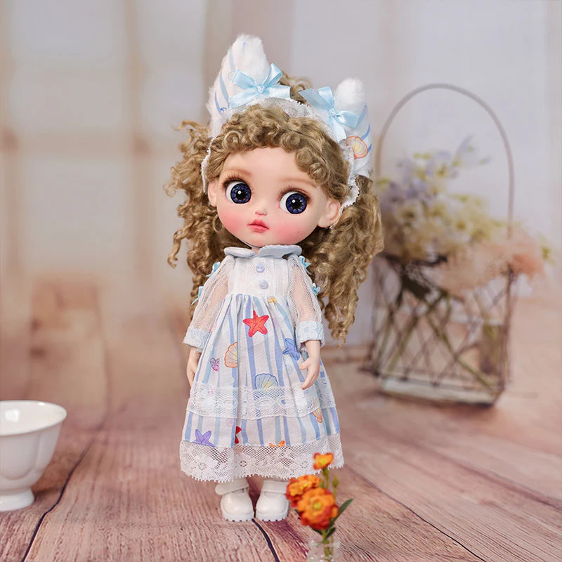 12-inch/30cm Big Eyes Porcelain Doll With Blue and White Dress - Reborn Doll Australia