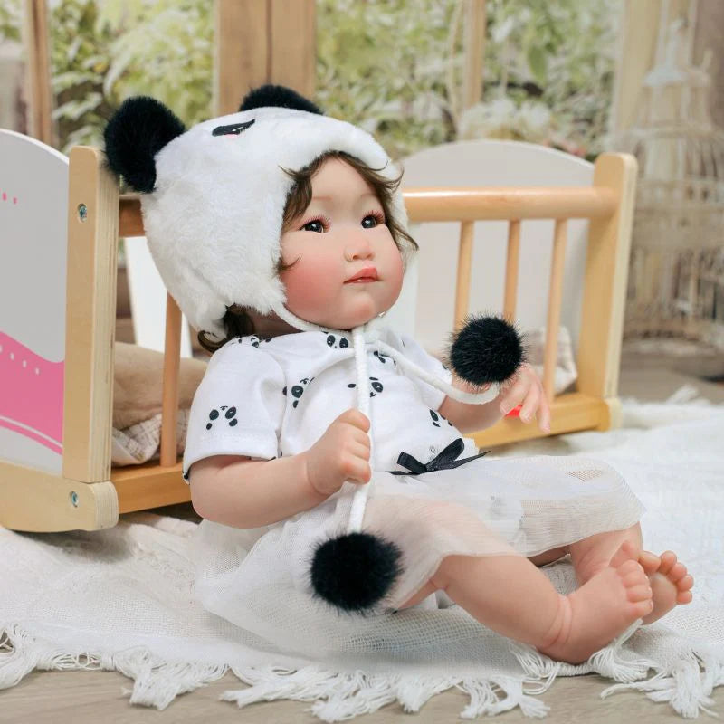 22-Inch/55cm Full-Body Vinyl Simulation Doll | Hand-Painted Makeup & Articulated Joints | Panda-Themed Plush Outfit - Reborn Doll Australia