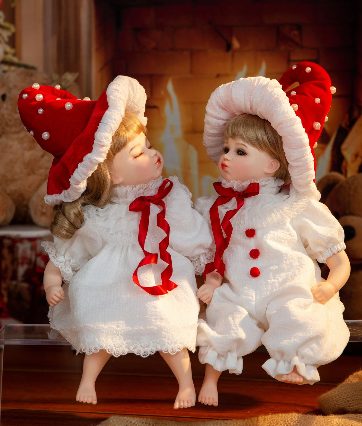 14-Inch Porcelain Twin Baby Doll Set - 35cm Hand-Painted Christmas Collectibles with Rotatable Heads & Display Stands - Reborn Doll Australia