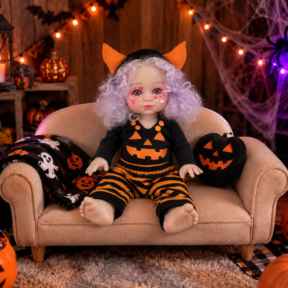 16 Inch Halloween Little Monster Reborn Doll Purple Curly Hair Open Eyes Full Vinyl Body