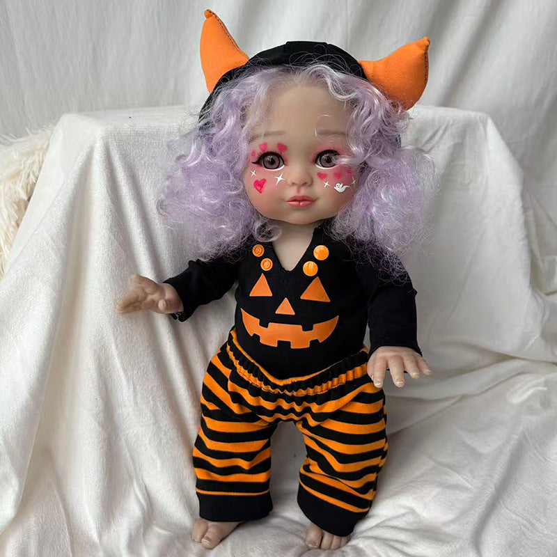 16 Inch Halloween Little Monster Reborn Doll Purple Curly Hair Open Eyes Full Vinyl Body