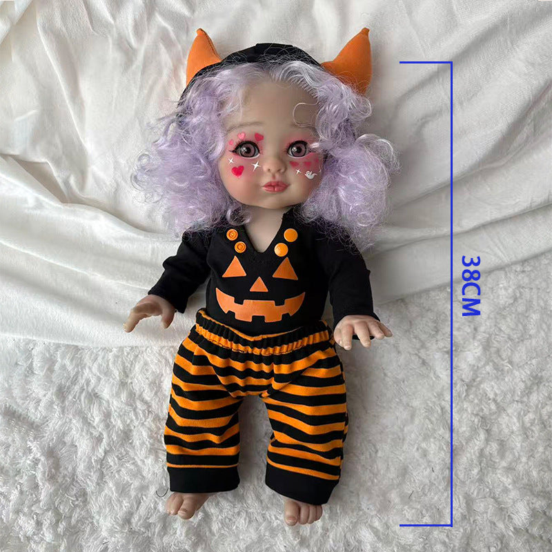 16 Inch Halloween Little Monster Reborn Doll Purple Curly Hair Open Eyes Full Vinyl Body