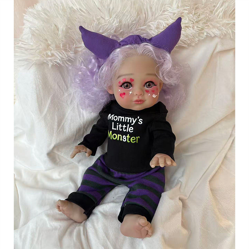 16 inch Halloween simulation reborn doll light purple curly hair love makeup devil horn hairband purple and black striped pants