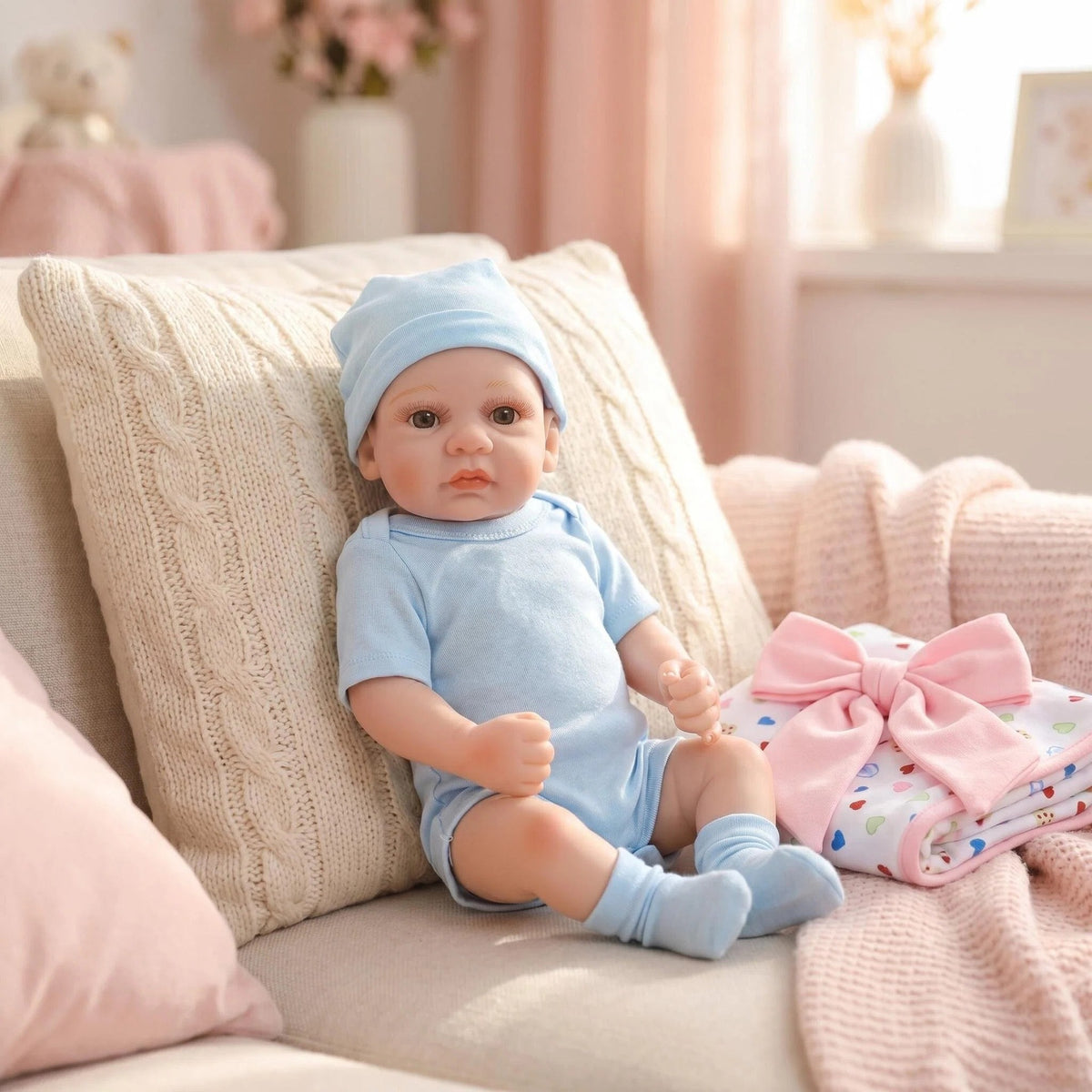 Classic Simple Newborn Look 12 Inch Full Vinyl Reborn Doll Complete Light Blue Clothing Set Hobby Collection Pocket Size Toy