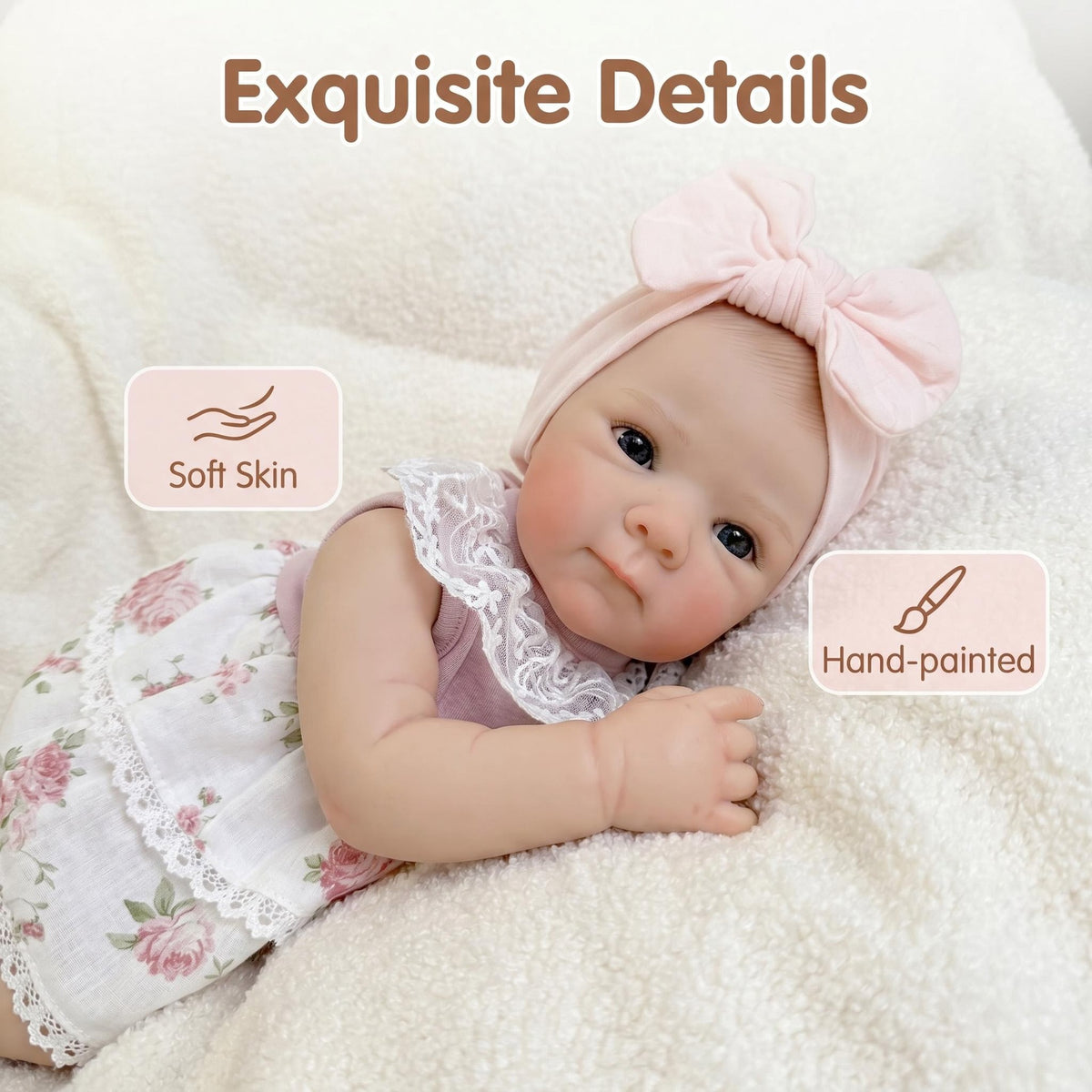 Floral Lace Dress 18 Inch Full Vinyl Body Reborn Doll Big Pink Bow Turban Open Eyes Realistic Outdoor Style Newborn Collectible