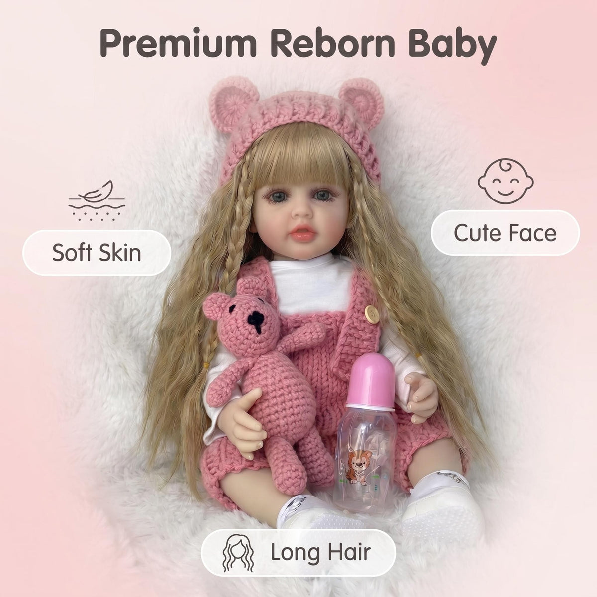 22 inch with Full Vinyl Reborn Doll Bear Ear Knit Hat Lifelike Blue Eyes Premium Surprise Gift For Birthday Parties And Holiday Celebrations