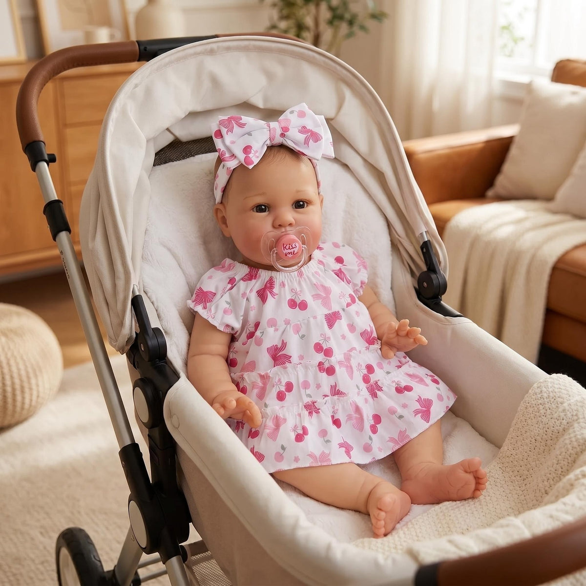 Realistic 22 inch Reborn Infant Doll With Cloth Body, Cherry Pattern Dress, Soothing Companion for Holiday Gifting