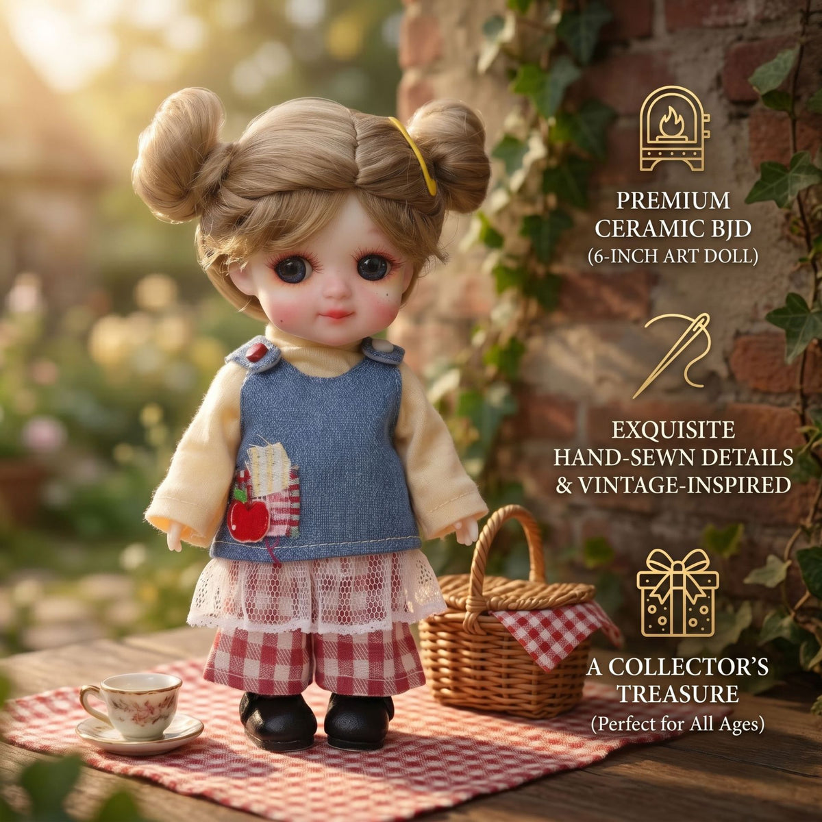 6 Inch Mini with Full Ceramic Body Doll Cute Double Ponytail Cherry Knit Outfit Collectible Desktop Decor Gift