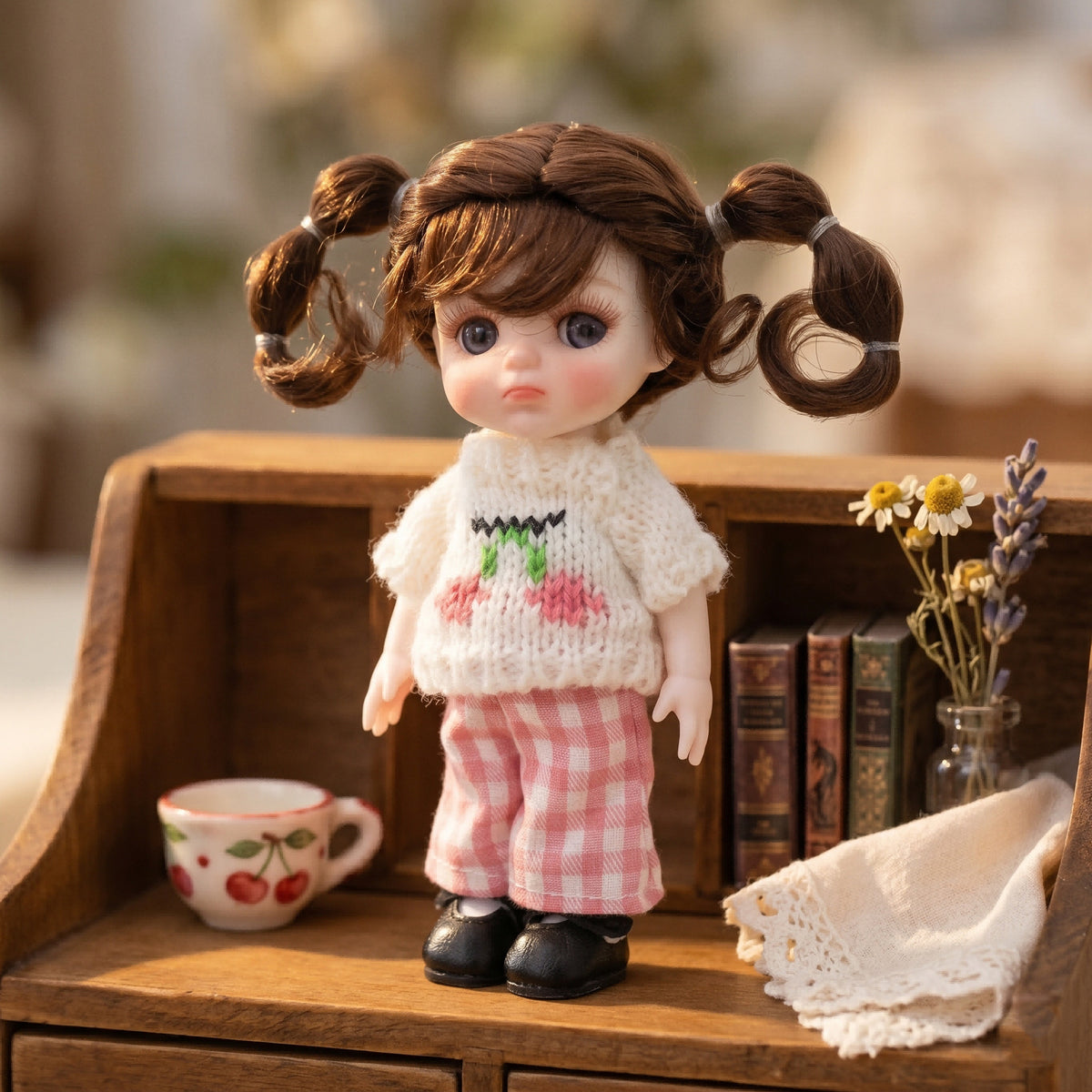 6 Inch Mini with Full Ceramic Body Doll Cute Double Ponytail Cherry Knit Outfit Collectible Desktop Decor Gift