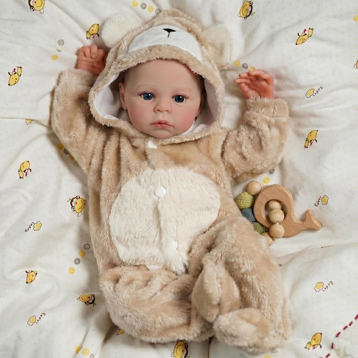 Lifelike Open-Eyed Baby Doll 18 Inch with Cloth Body Bear Hood Romper, Companion Toy Suitable For Nursery Decor & All Occasion Holiday Gifting