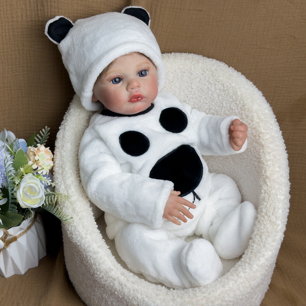 18 Inch Full-Vinyl Realistic Baby Doll, Fluffy Panda Onesie, Timeless Keepsake for Birthdays and Holiday Gift Seasons