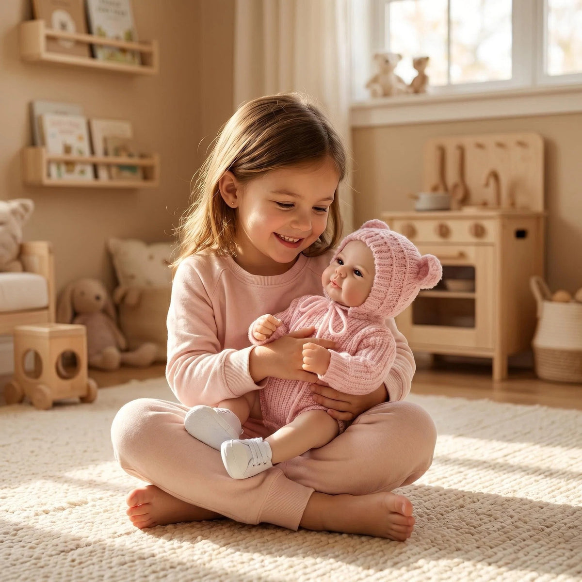 19 Inch with Full Vinyl Body Reborn Baby Doll Sweet Neutral Pink Knit Suit Nursery Simulation Doll as Gift for Girl