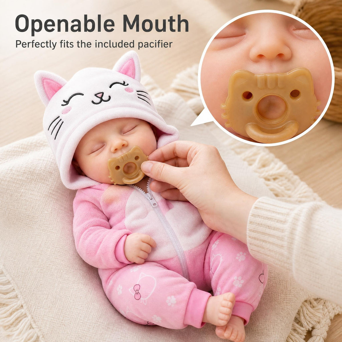 16 inch solid soft platinum silicone kitten hat doll with open mouth as a gift for children