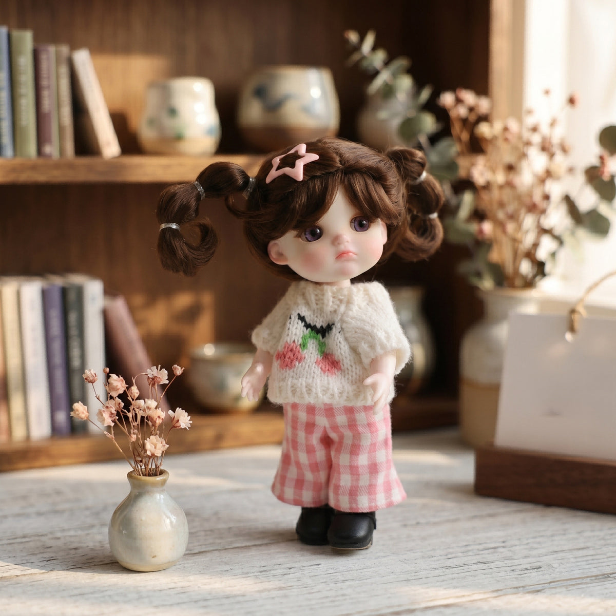 6 Inch Mini with Full Ceramic Body Doll Cute Double Ponytail Cherry Knit Outfit Collectible Desktop Decor Gift