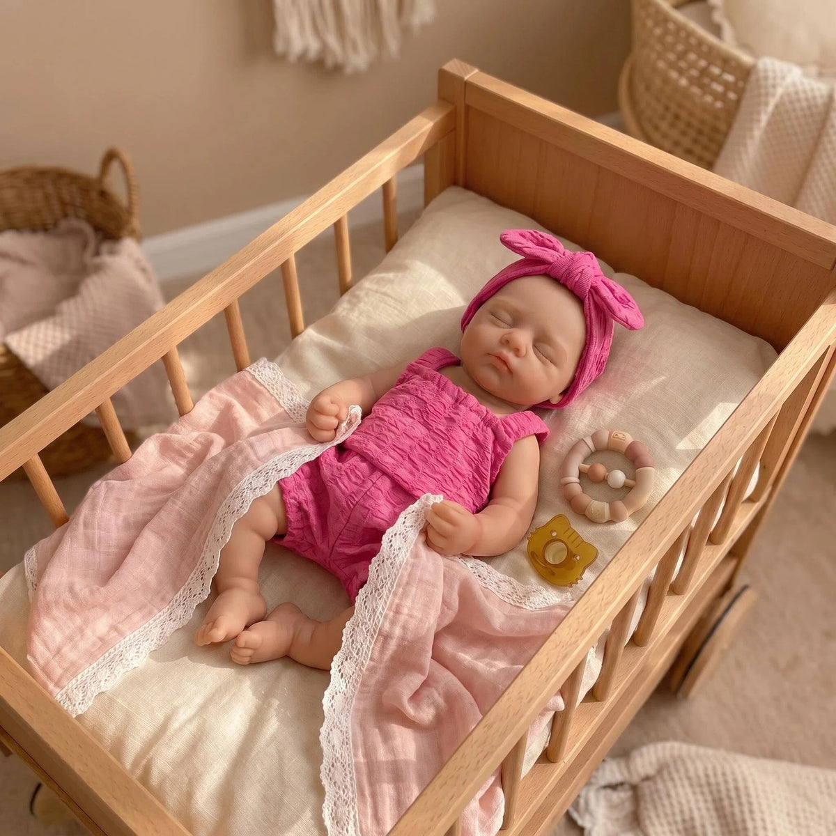 Rose red Bubble Outfit 12 Inch with Full Silicone Sleeping Reborn Baby Doll Oversized Bow Turban Closed Eyes Mini Newborn Collectible Toy