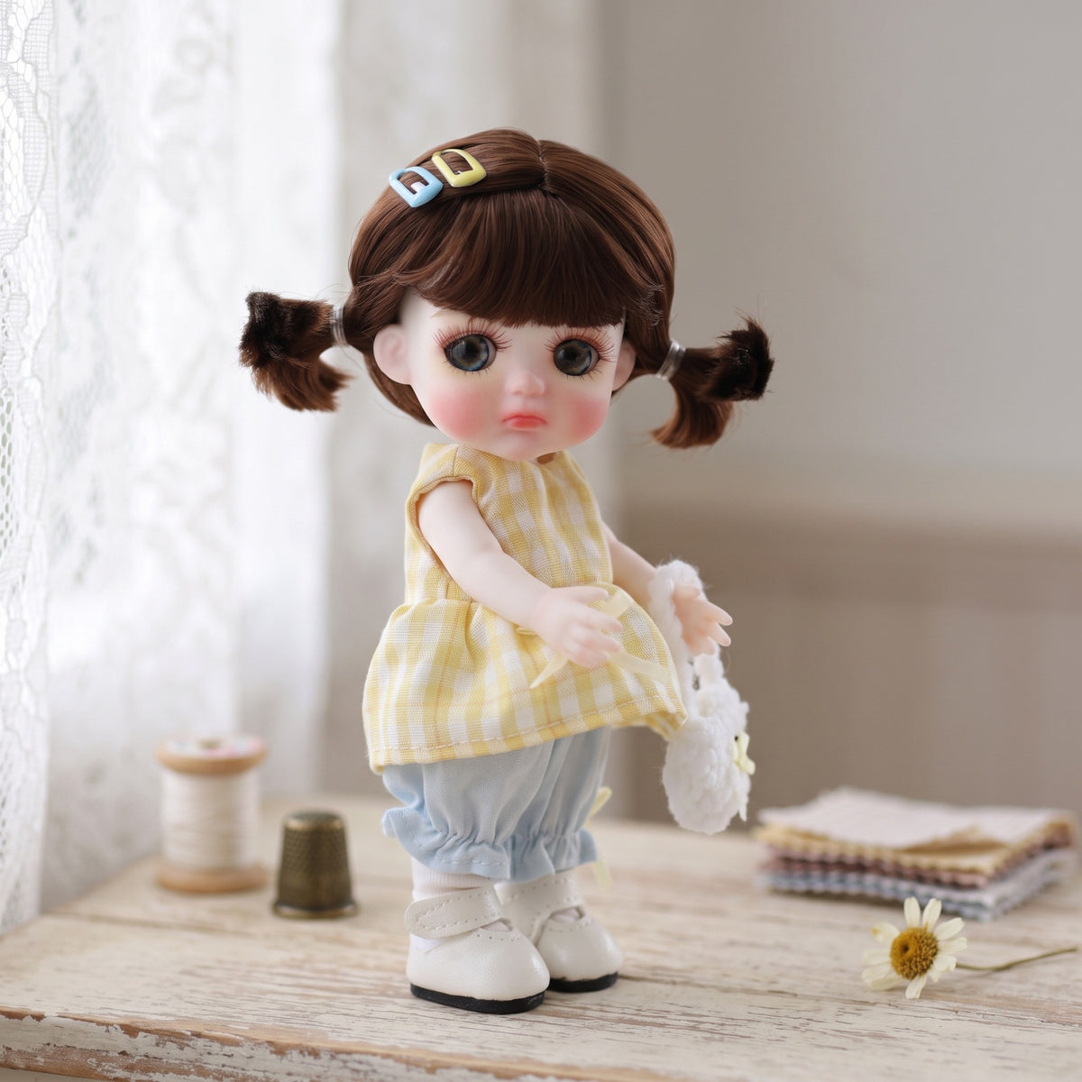 6 Inch Mini with Ceramic Body Cute Pigtails Yellow Gingham Outfit Collectible Desktop Decor Gift