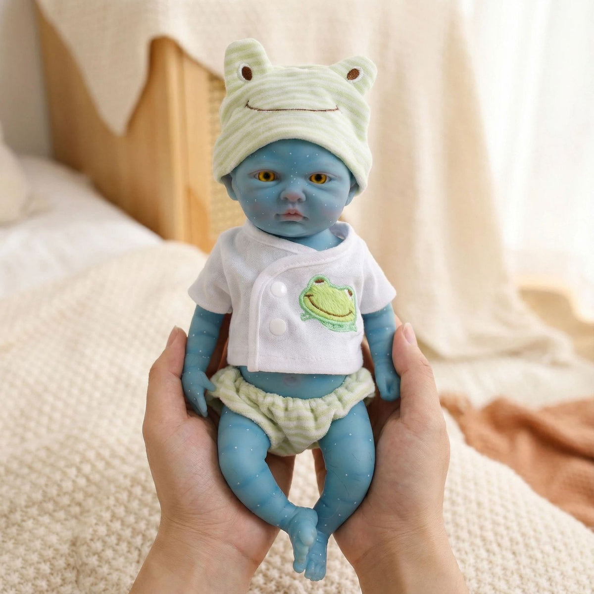 12 inch green striped frog hat fairy avatar solid silicone reincarnation doll for children's Christmas gift