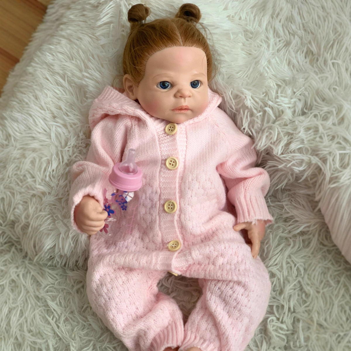 22 Inch Full Soild Silicone Reborn Doll Girl Realistic Lifelike Newborn Doll with Pink Knit Outfit & Feeding Bottle, Girl Toy for Collection Gift