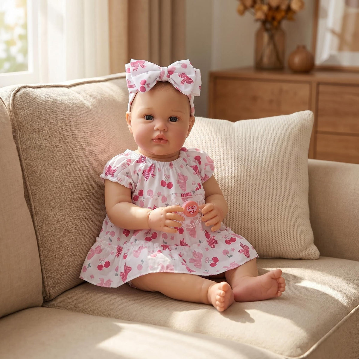 Realistic 22 inch Reborn Infant Doll With Cloth Body, Cherry Pattern Dress, Soothing Companion for Holiday Gifting