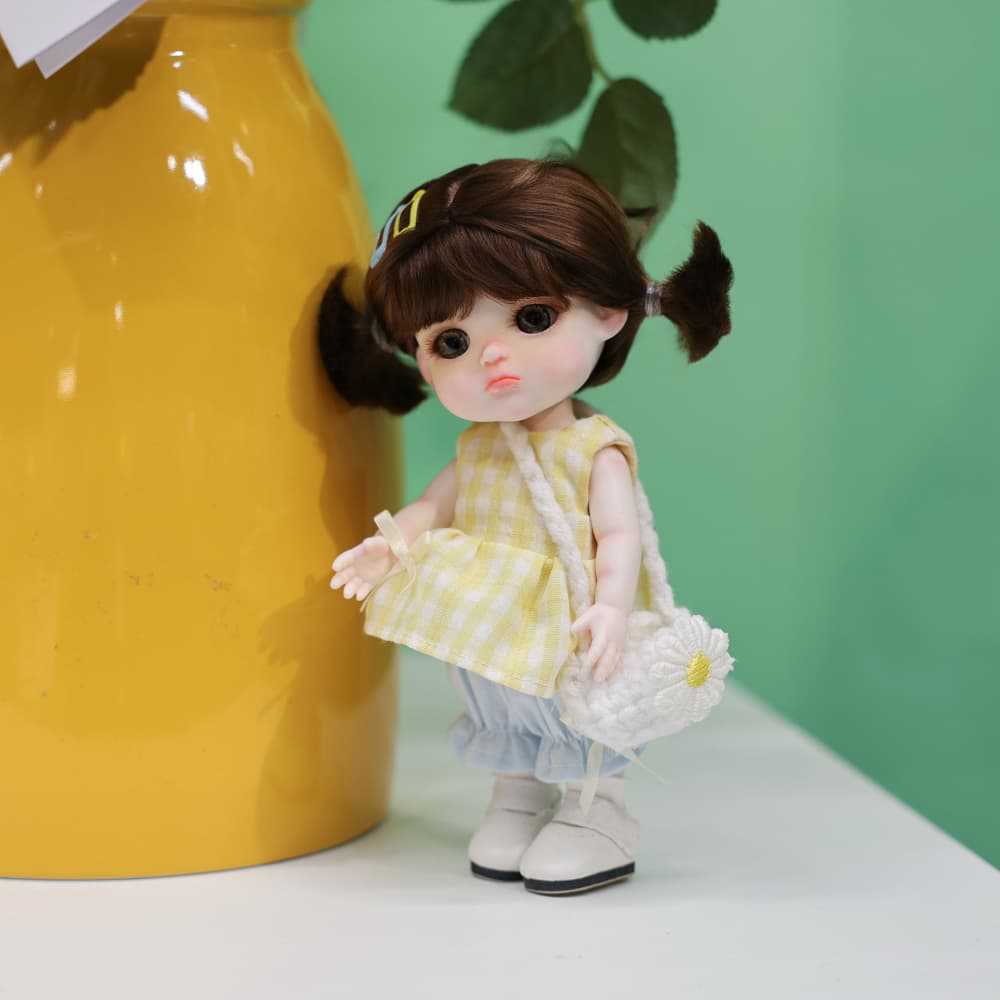 6 Inch Mini with Ceramic Body Cute Pigtails Yellow Gingham Outfit Collectible Desktop Decor Gift
