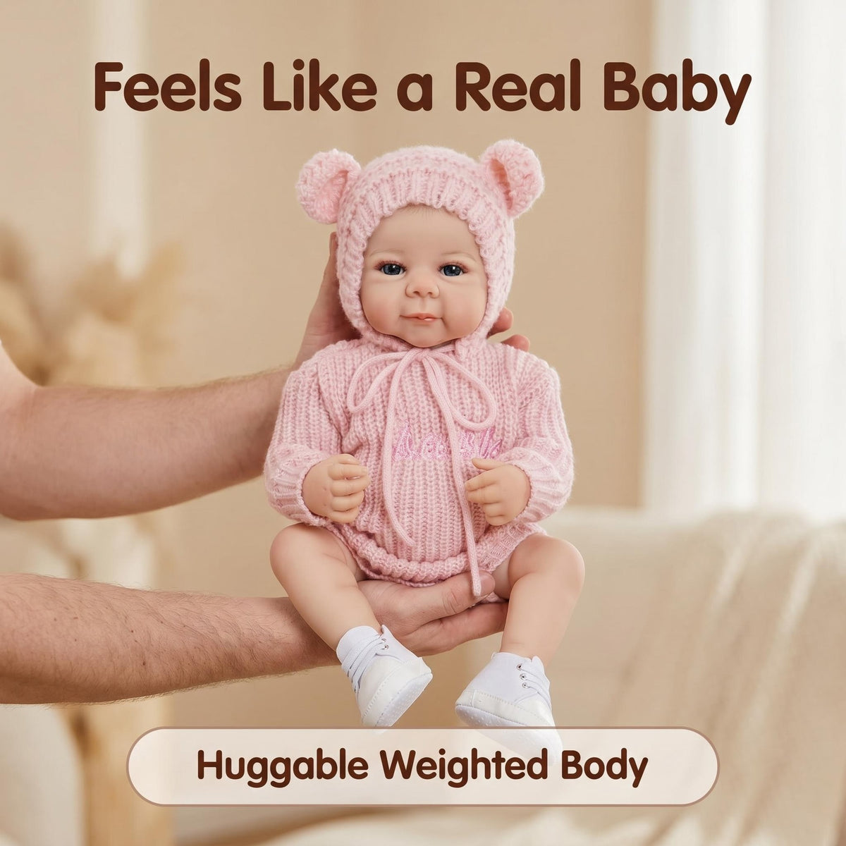19 Inch with Full Vinyl Body Reborn Baby Doll Sweet Neutral Pink Knit Suit Nursery Simulation Doll as Gift for Girl