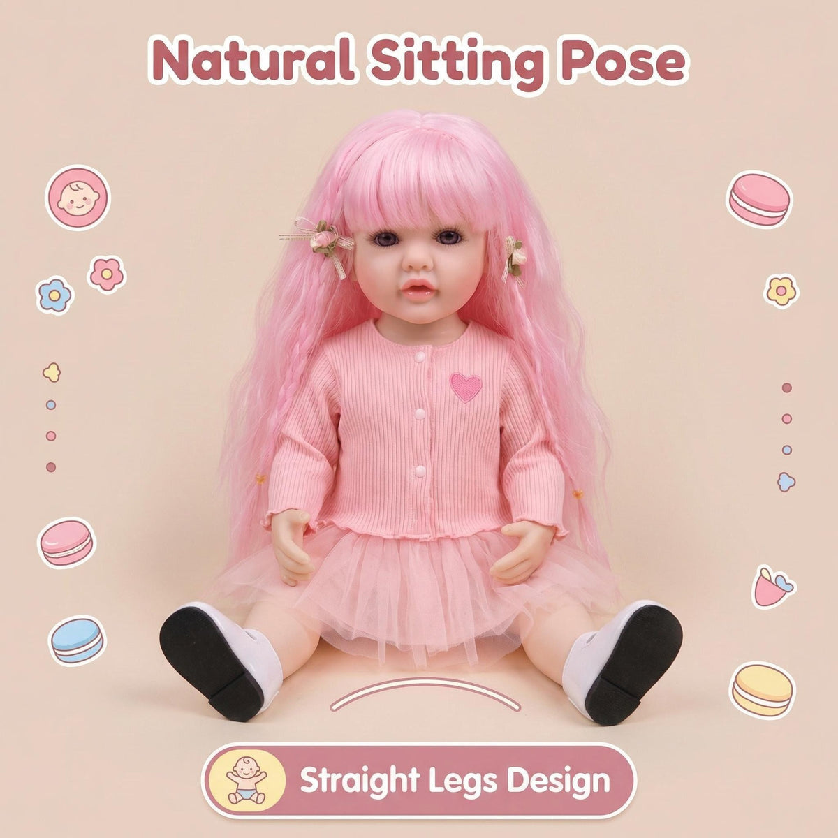 55CM Full Body Vinyl Betty Reborn Toddler Standable Lifelike Doll with Pink Hair with 3D Painted Veins Realistic Baby Dolls