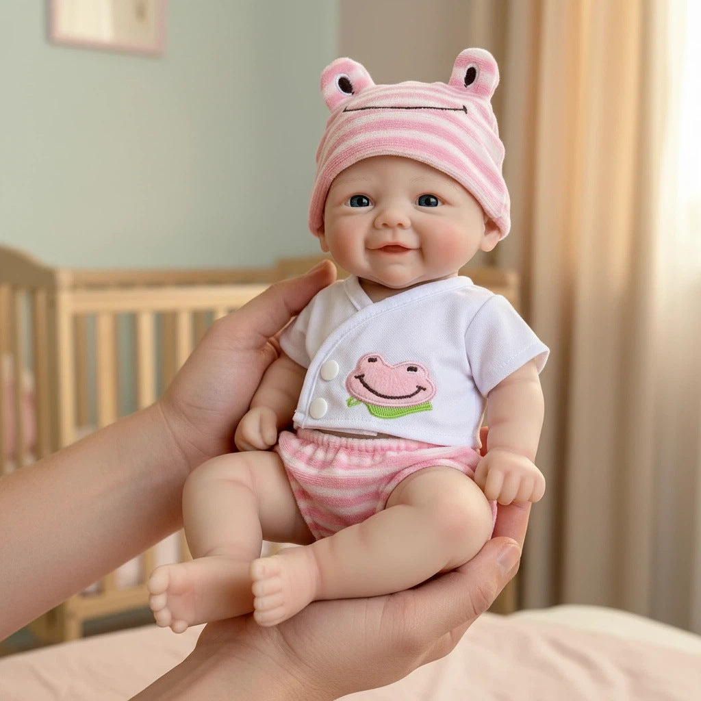 12 inch solid silicone reborn doll with pink frog hat simulation toy doll as a gift
