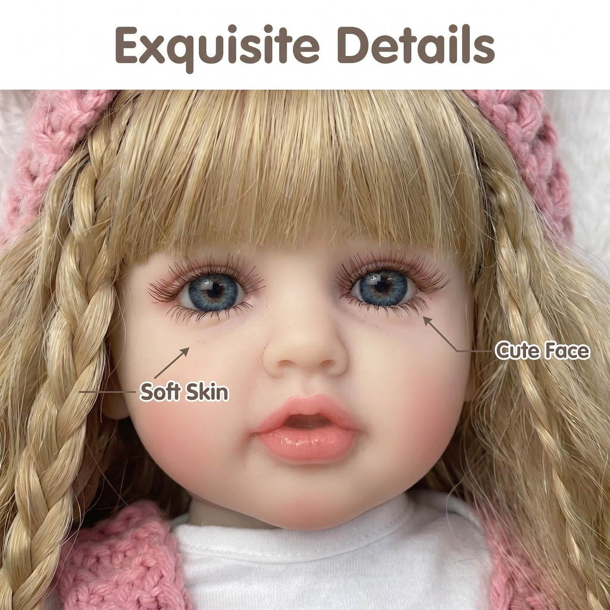 22 inch with Full Vinyl Reborn Doll Bear Ear Knit Hat Lifelike Blue Eyes Premium Surprise Gift For Birthday Parties And Holiday Celebrations