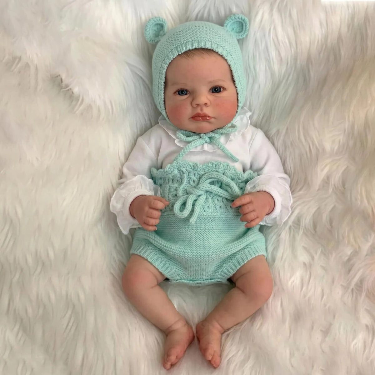 19 inch with Cloth Body Reborn Doll Knotted Bear Ear Bonnet Textured Knit Romper Nursery Tabletop Display Prop