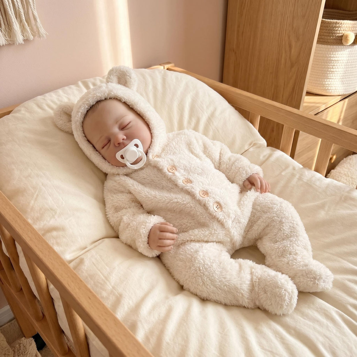 Lifelike Sleeping Baby Doll 19 Inch with Cloth Body Bear Hood Romper, Companion Toy Suitable For Nursery Photoshoot & All Occasion Holiday Gifting