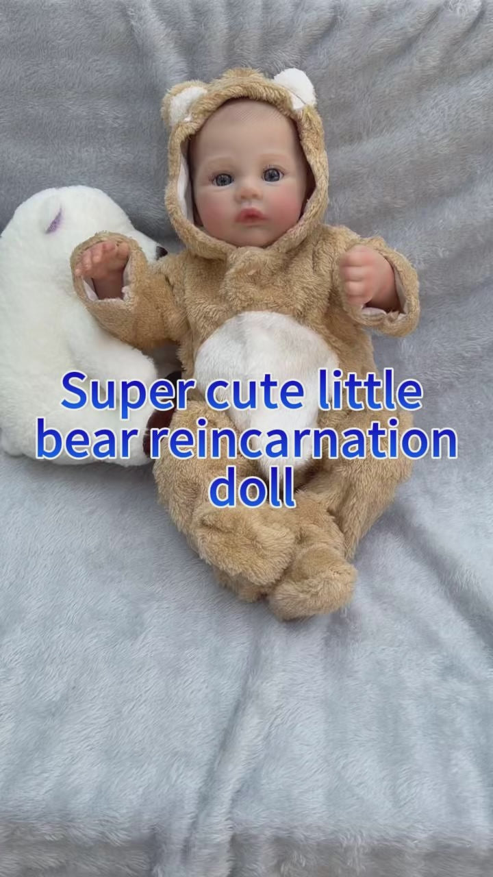 Lifelike Open-Eyed Baby Doll 18 Inch with Cloth Body Bear Hood Romper, Companion Toy Suitable For Nursery Decor & All Occasion Holiday Gifting